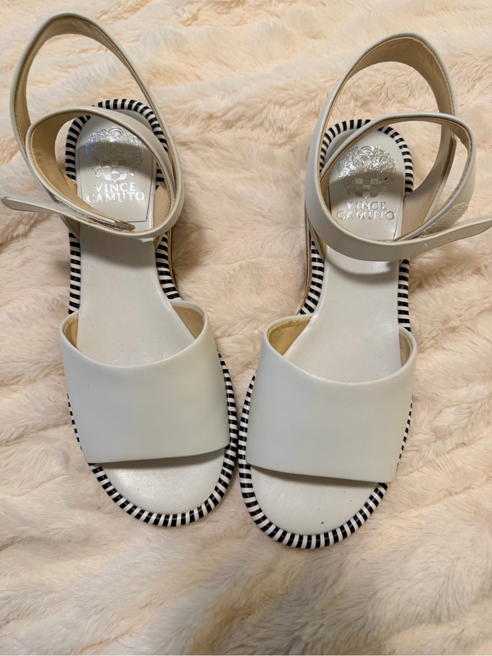 Vince Camuto White Sandals with Black-and-White Striped Trim
